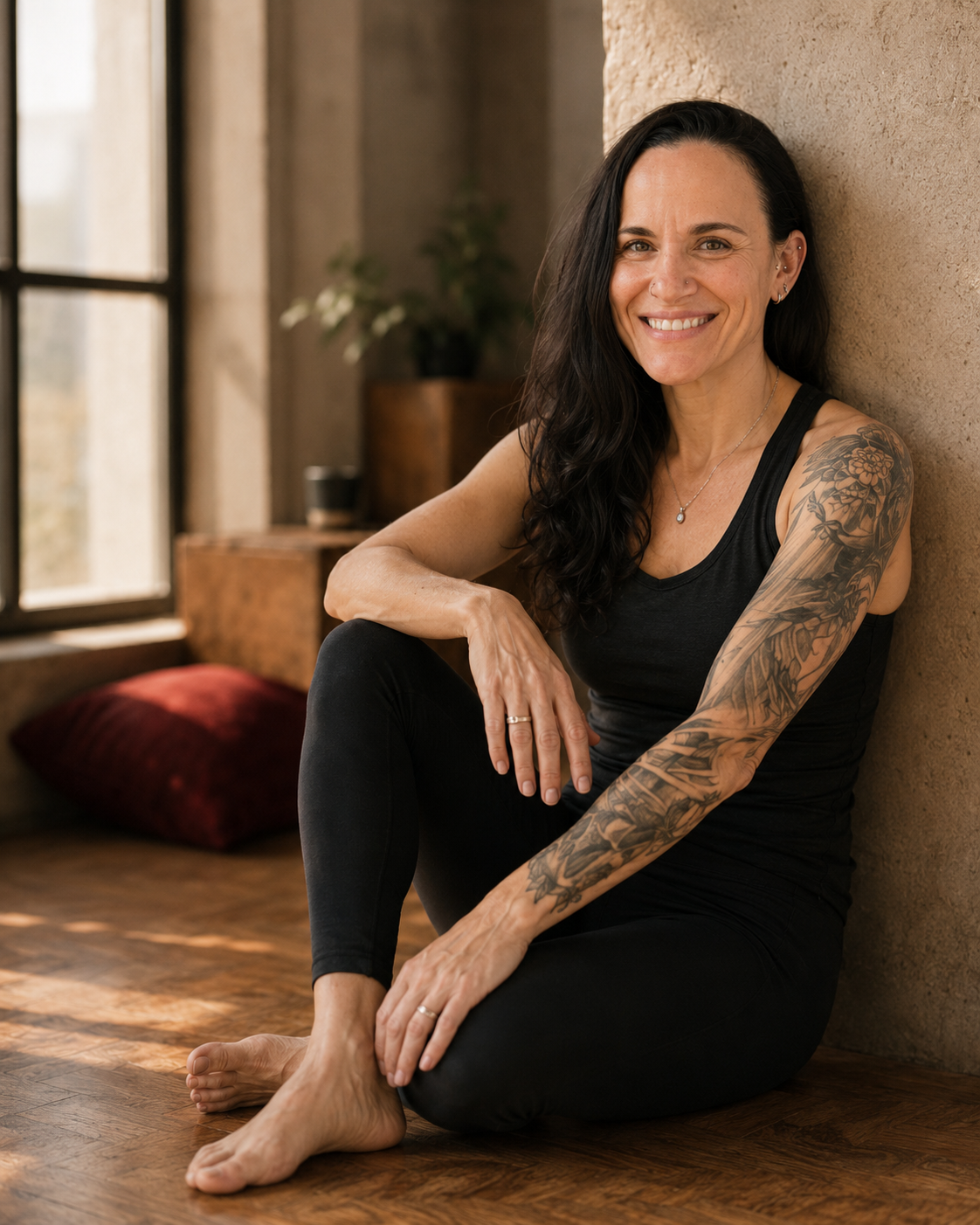 Calm seated portrait with visible tattoo sleeve